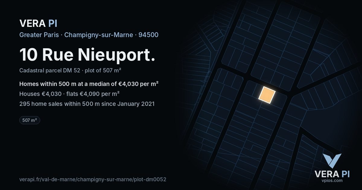 10 Rue Nieuport, Champigny-sur-Marne at night – the plot lit, the parcels around coloured by the prices near them