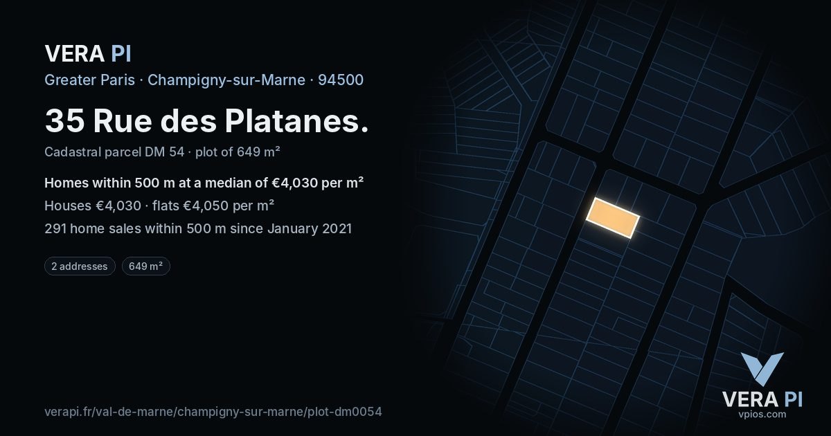 35 Rue des Platanes, Champigny-sur-Marne at night – the plot lit, the parcels around coloured by the prices near them