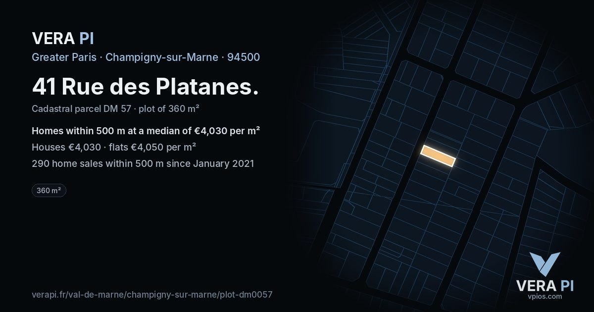 41 Rue des Platanes, Champigny-sur-Marne at night – the plot lit, the parcels around coloured by the prices near them