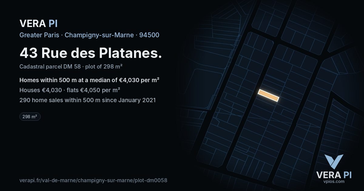 43 Rue des Platanes, Champigny-sur-Marne at night – the plot lit, the parcels around coloured by the prices near them
