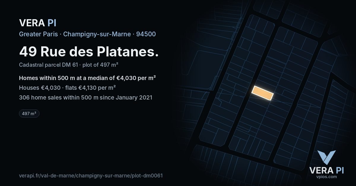 49 Rue des Platanes, Champigny-sur-Marne at night – the plot lit, the parcels around coloured by the prices near them