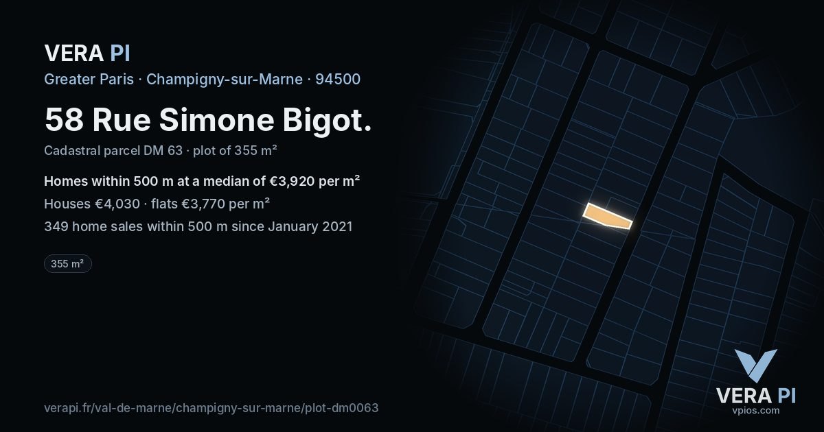 58 Rue Simone Bigot, Champigny-sur-Marne at night – the plot lit, the parcels around coloured by the prices near them