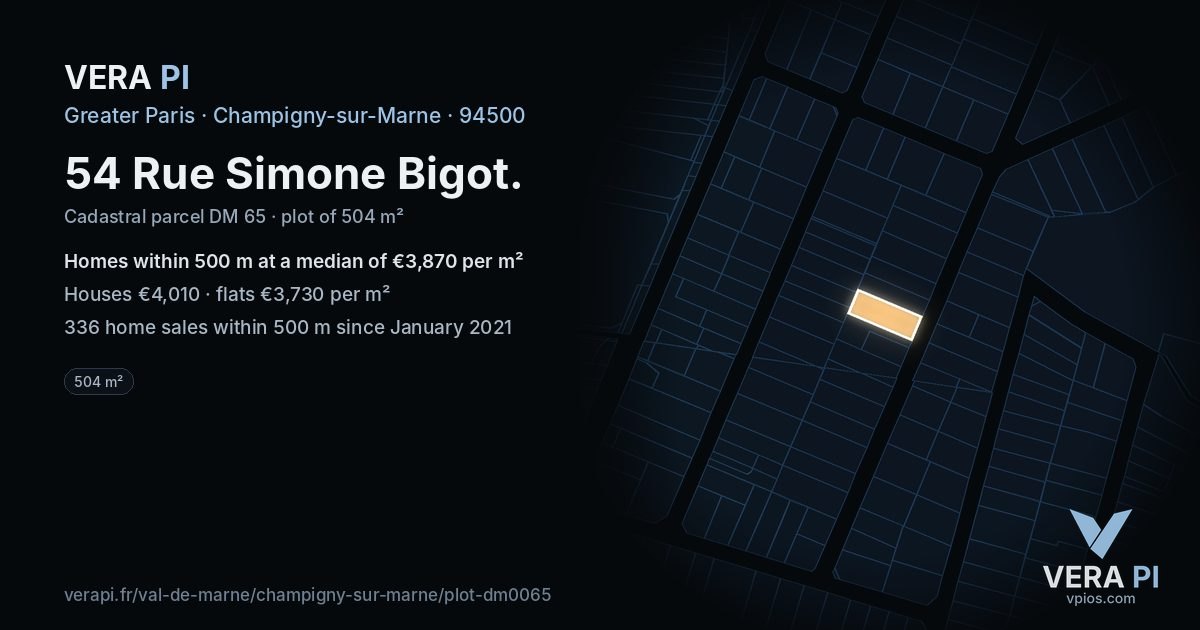 54 Rue Simone Bigot, Champigny-sur-Marne at night – the plot lit, the parcels around coloured by the prices near them