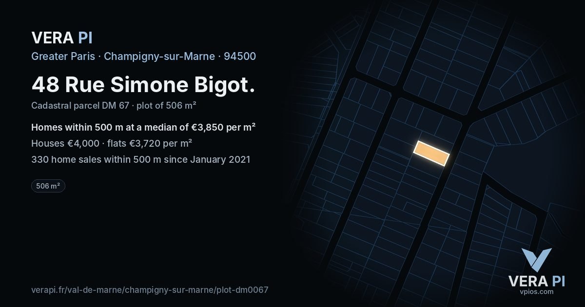 48 Rue Simone Bigot, Champigny-sur-Marne at night – the plot lit, the parcels around coloured by the prices near them