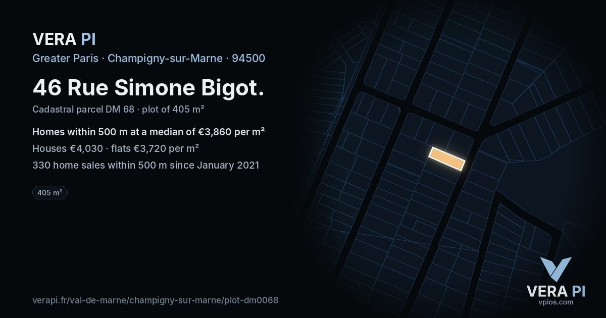 46 Rue Simone Bigot, Champigny-sur-Marne at night – the plot lit, the parcels around coloured by the prices near them