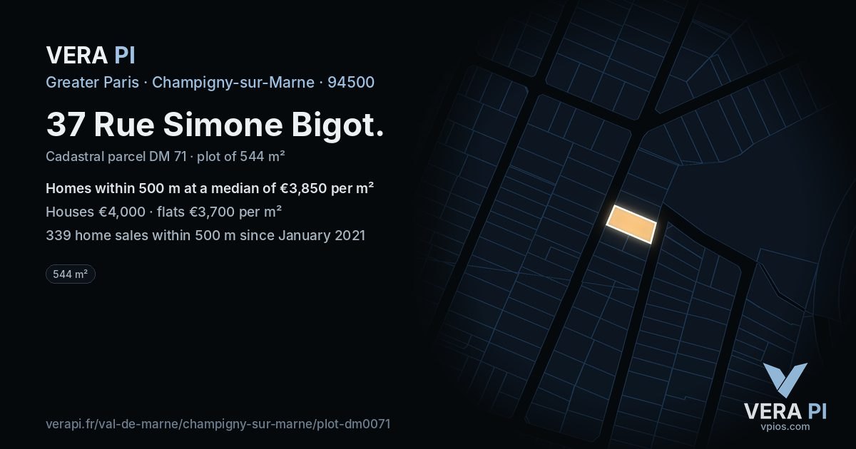37 Rue Simone Bigot, Champigny-sur-Marne at night – the plot lit, the parcels around coloured by the prices near them