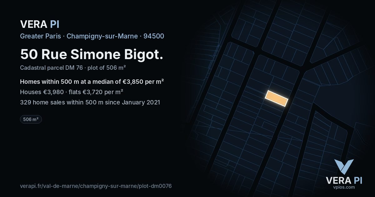 50 Rue Simone Bigot, Champigny-sur-Marne at night – the plot lit, the parcels around coloured by the prices near them