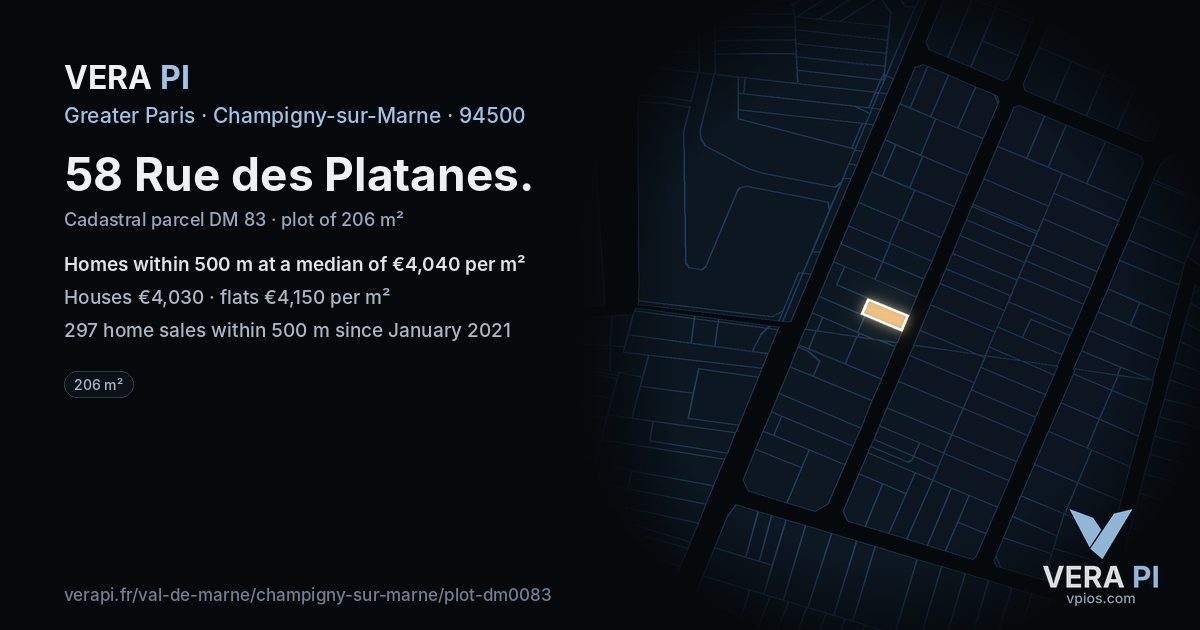 58 Rue des Platanes, Champigny-sur-Marne at night – the plot lit, the parcels around coloured by the prices near them