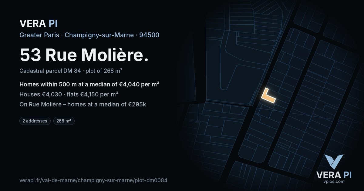 53 Rue Molière, Champigny-sur-Marne at night – the plot lit, the parcels around coloured by the prices near them