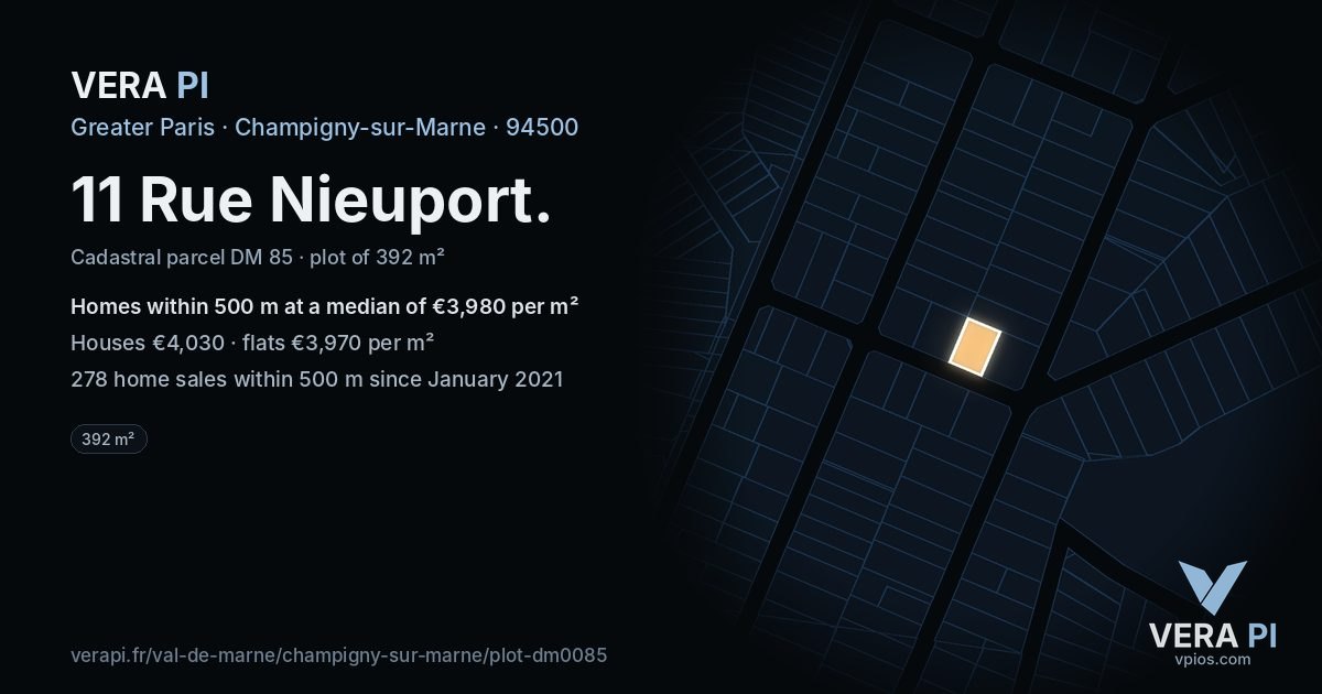 11 Rue Nieuport, Champigny-sur-Marne at night – the plot lit, the parcels around coloured by the prices near them