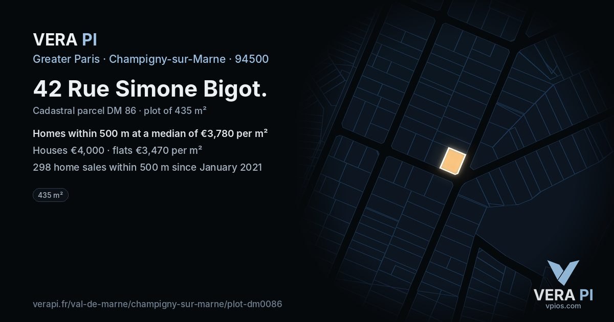 42 Rue Simone Bigot, Champigny-sur-Marne at night – the plot lit, the parcels around coloured by the prices near them