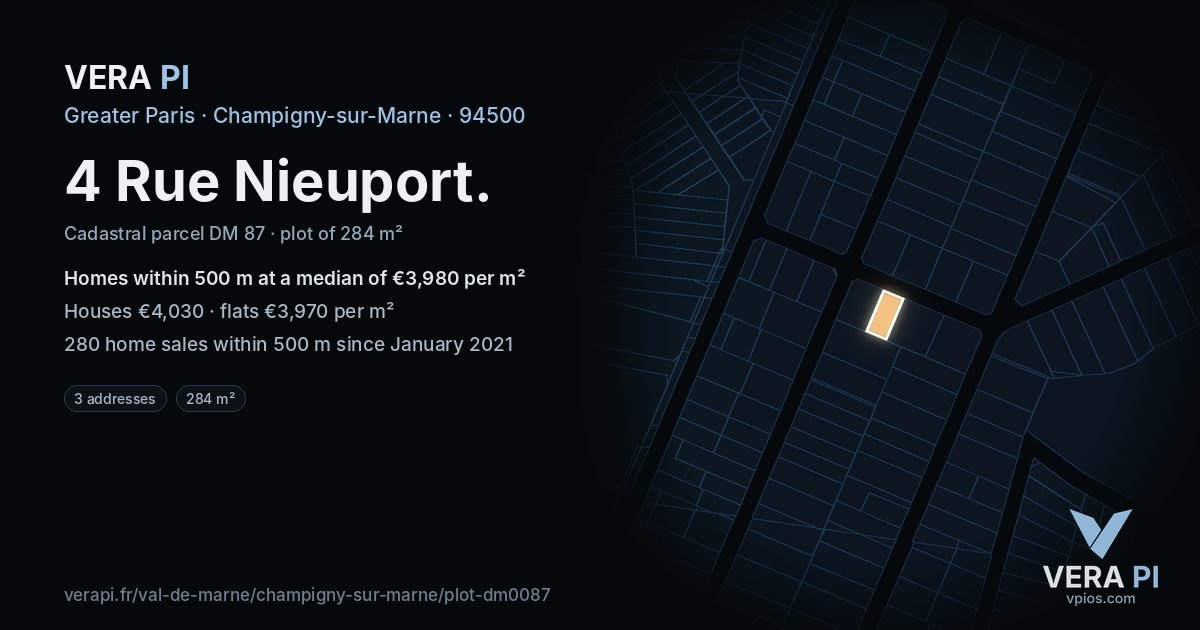 4 Rue Nieuport, Champigny-sur-Marne at night – the plot lit, the parcels around coloured by the prices near them