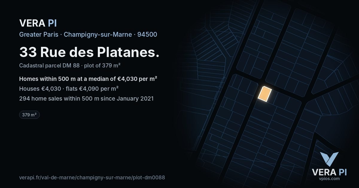 33 Rue des Platanes, Champigny-sur-Marne at night – the plot lit, the parcels around coloured by the prices near them