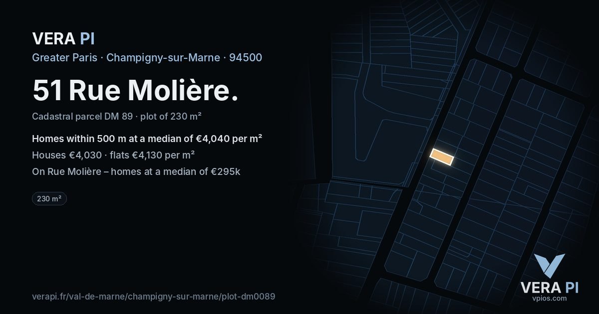 51 Rue Molière, Champigny-sur-Marne at night – the plot lit, the parcels around coloured by the prices near them