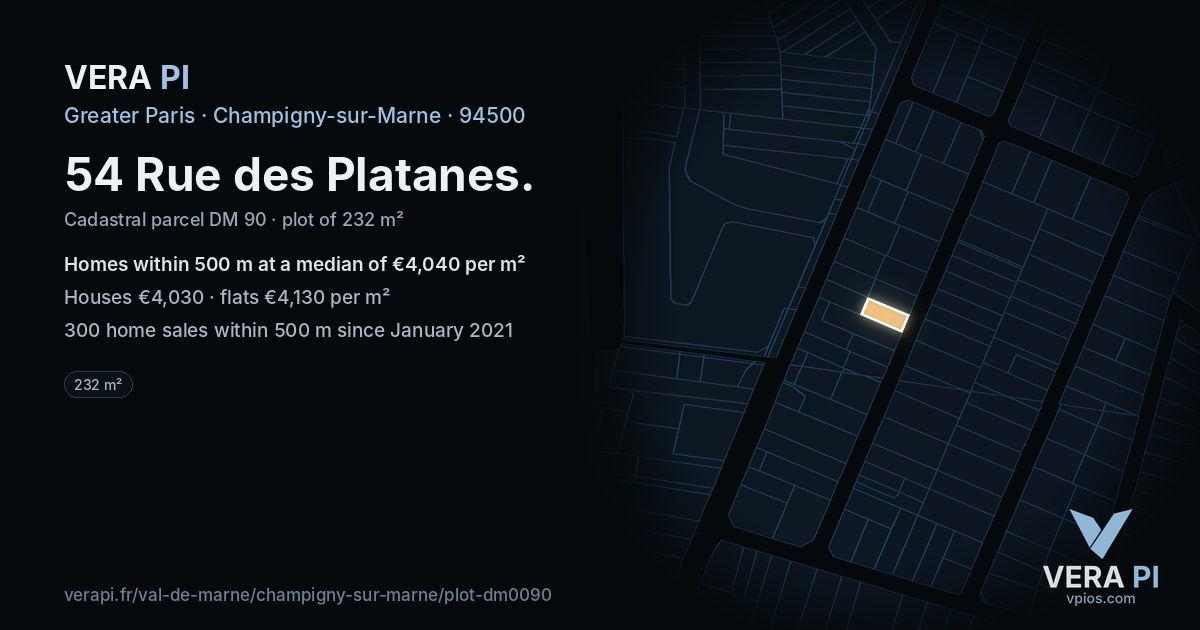 54 Rue des Platanes, Champigny-sur-Marne at night – the plot lit, the parcels around coloured by the prices near them
