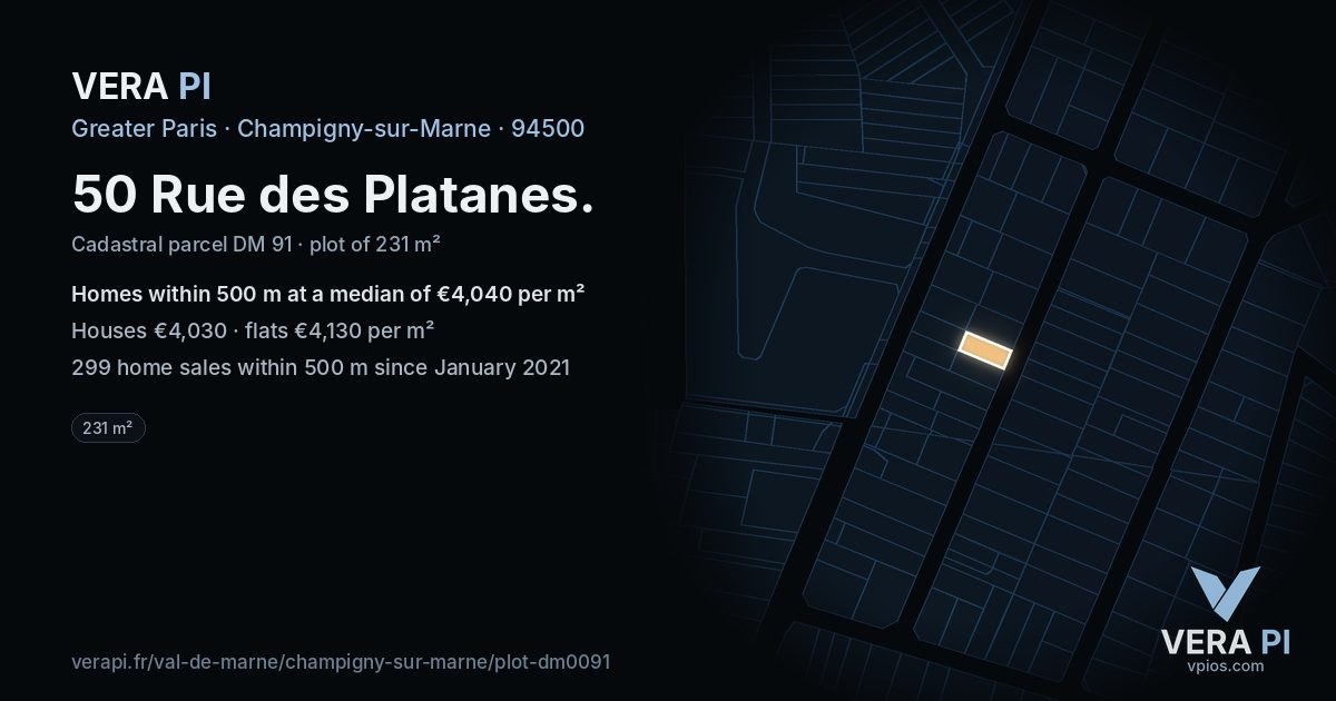 50 Rue des Platanes, Champigny-sur-Marne at night – the plot lit, the parcels around coloured by the prices near them