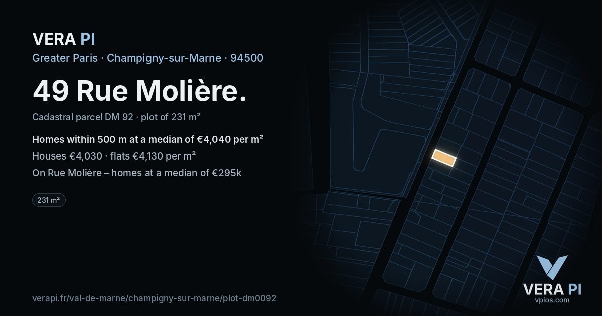 49 Rue Molière, Champigny-sur-Marne at night – the plot lit, the parcels around coloured by the prices near them