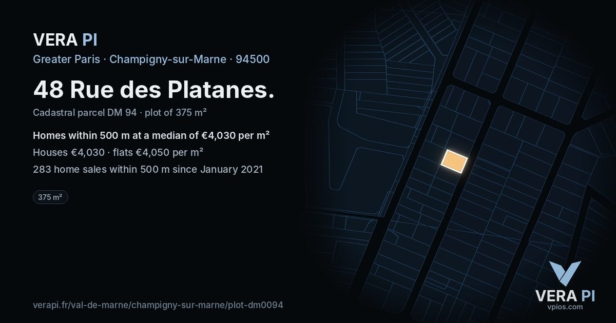 48 Rue des Platanes, Champigny-sur-Marne at night – the plot lit, the parcels around coloured by the prices near them