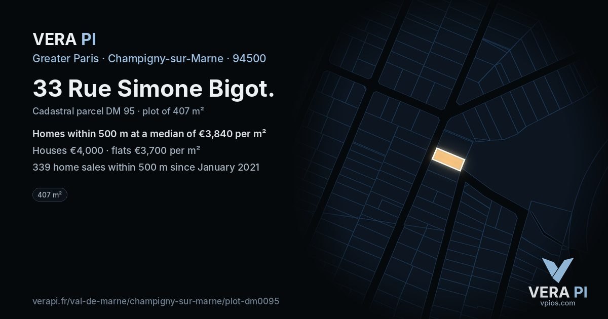 33 Rue Simone Bigot, Champigny-sur-Marne at night – the plot lit, the parcels around coloured by the prices near them
