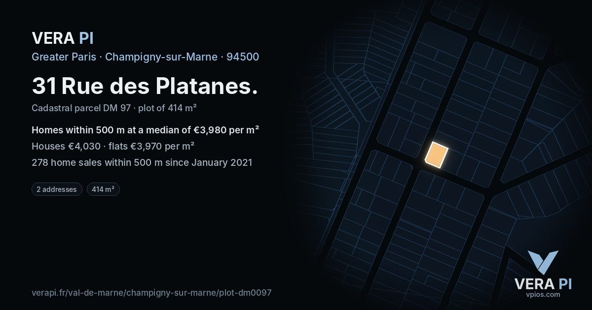 31 Rue des Platanes, Champigny-sur-Marne at night – the plot lit, the parcels around coloured by the prices near them