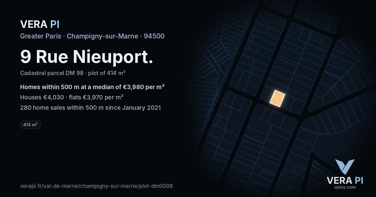 9 Rue Nieuport, Champigny-sur-Marne at night – the plot lit, the parcels around coloured by the prices near them