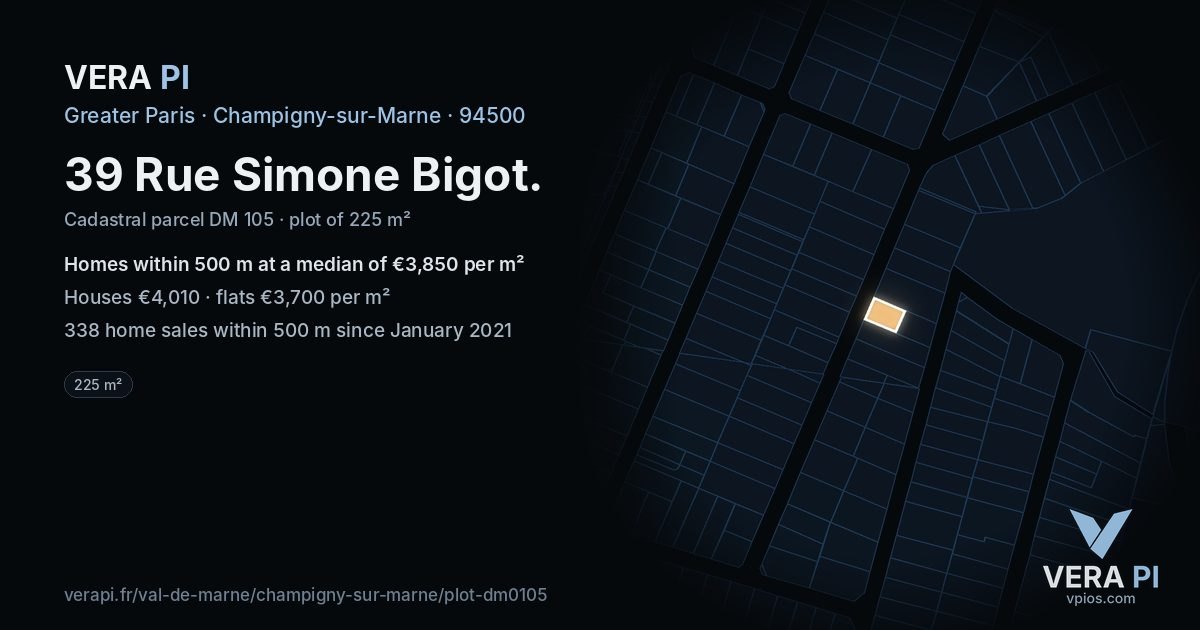 39 Rue Simone Bigot, Champigny-sur-Marne at night – the plot lit, the parcels around coloured by the prices near them