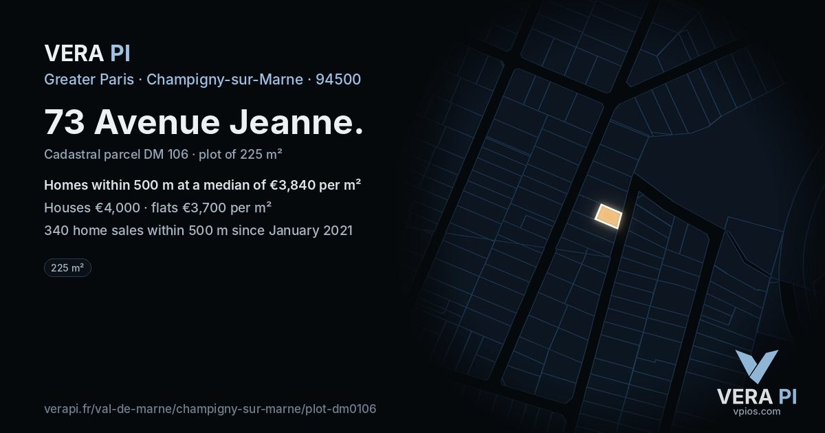 73 Avenue Jeanne, Champigny-sur-Marne at night – the plot lit, the parcels around coloured by the prices near them