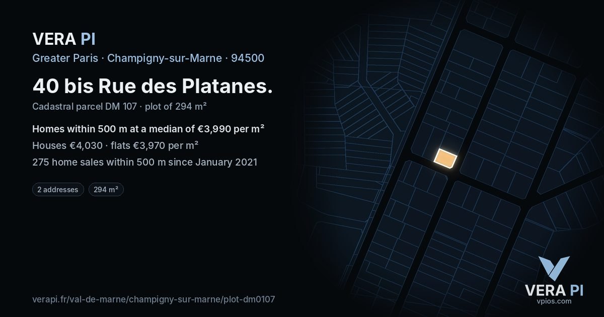 40 bis Rue des Platanes, Champigny-sur-Marne at night – the plot lit, the parcels around coloured by the prices near them