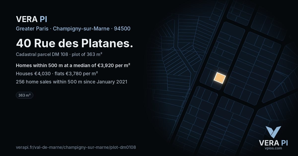 40 Rue des Platanes, Champigny-sur-Marne at night – the plot lit, the parcels around coloured by the prices near them