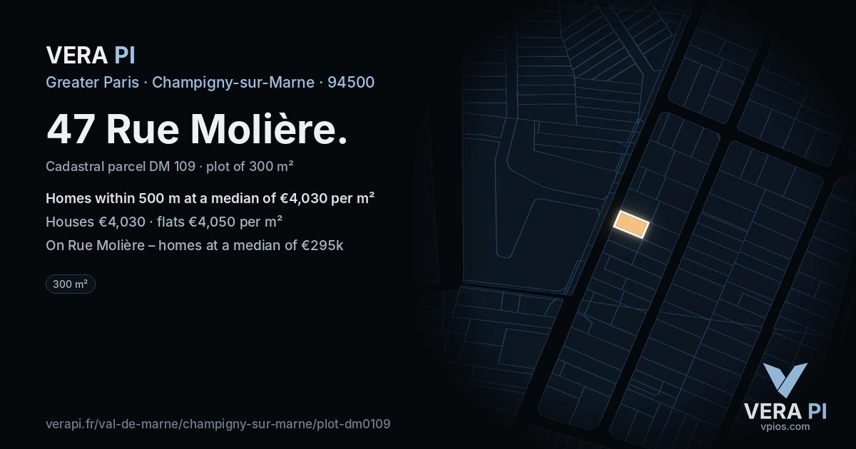 47 Rue Molière, Champigny-sur-Marne at night – the plot lit, the parcels around coloured by the prices near them