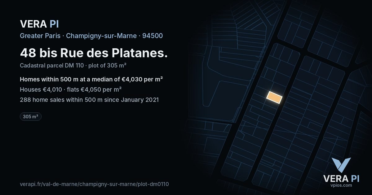 48 bis Rue des Platanes, Champigny-sur-Marne at night – the plot lit, the parcels around coloured by the prices near them