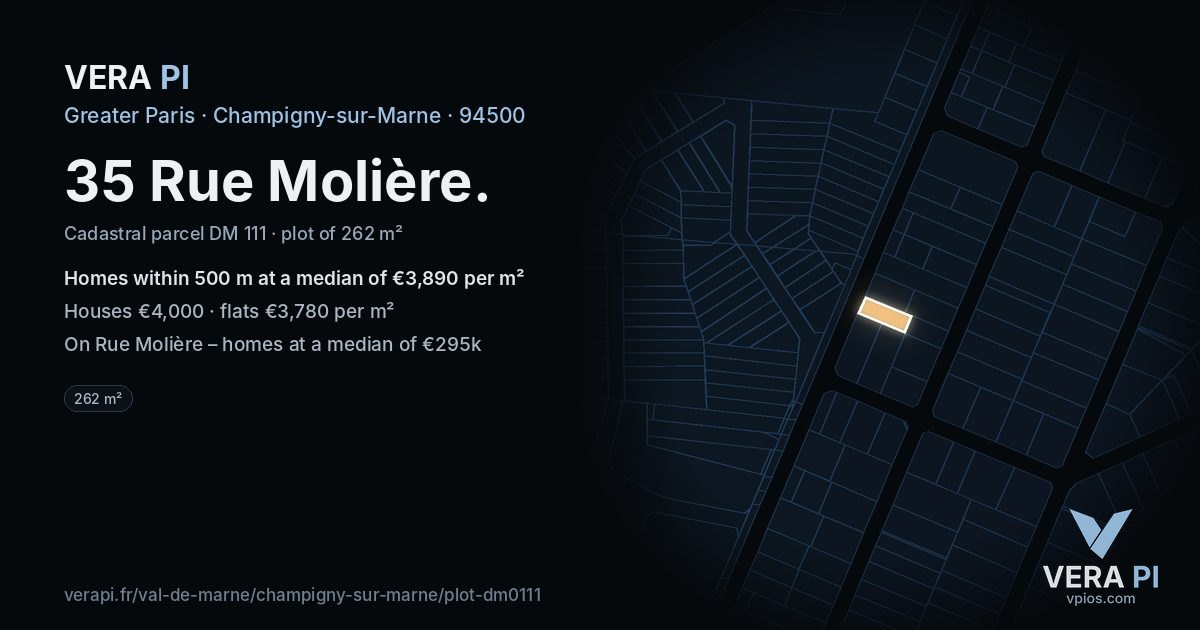 35 Rue Molière, Champigny-sur-Marne at night – the plot lit, the parcels around coloured by the prices near them