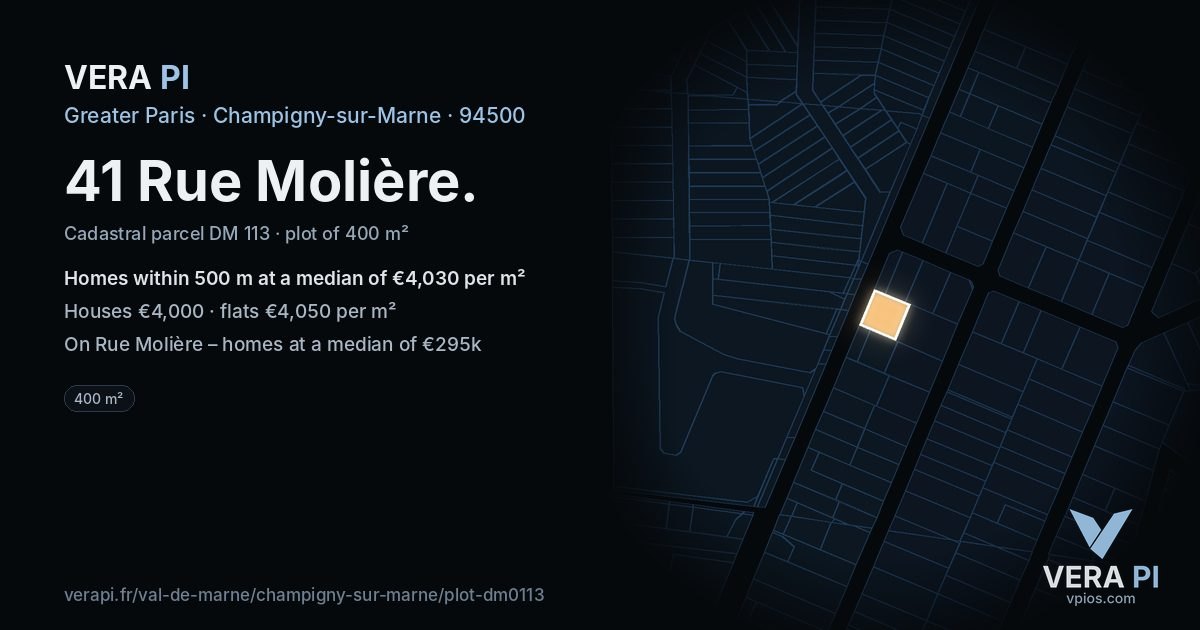 41 Rue Molière, Champigny-sur-Marne at night – the plot lit, the parcels around coloured by the prices near them