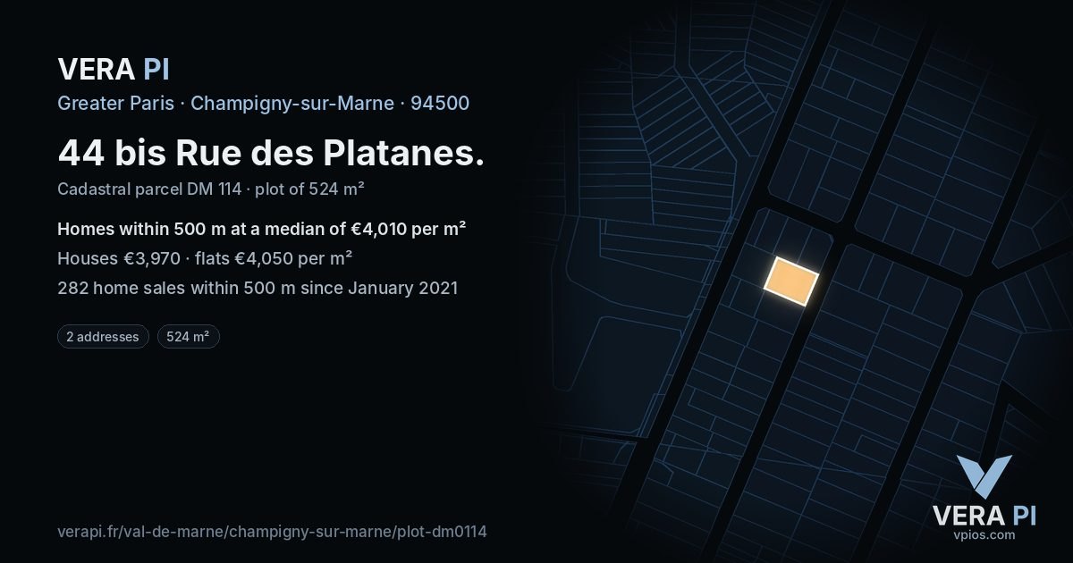 44 bis Rue des Platanes, Champigny-sur-Marne at night – the plot lit, the parcels around coloured by the prices near them