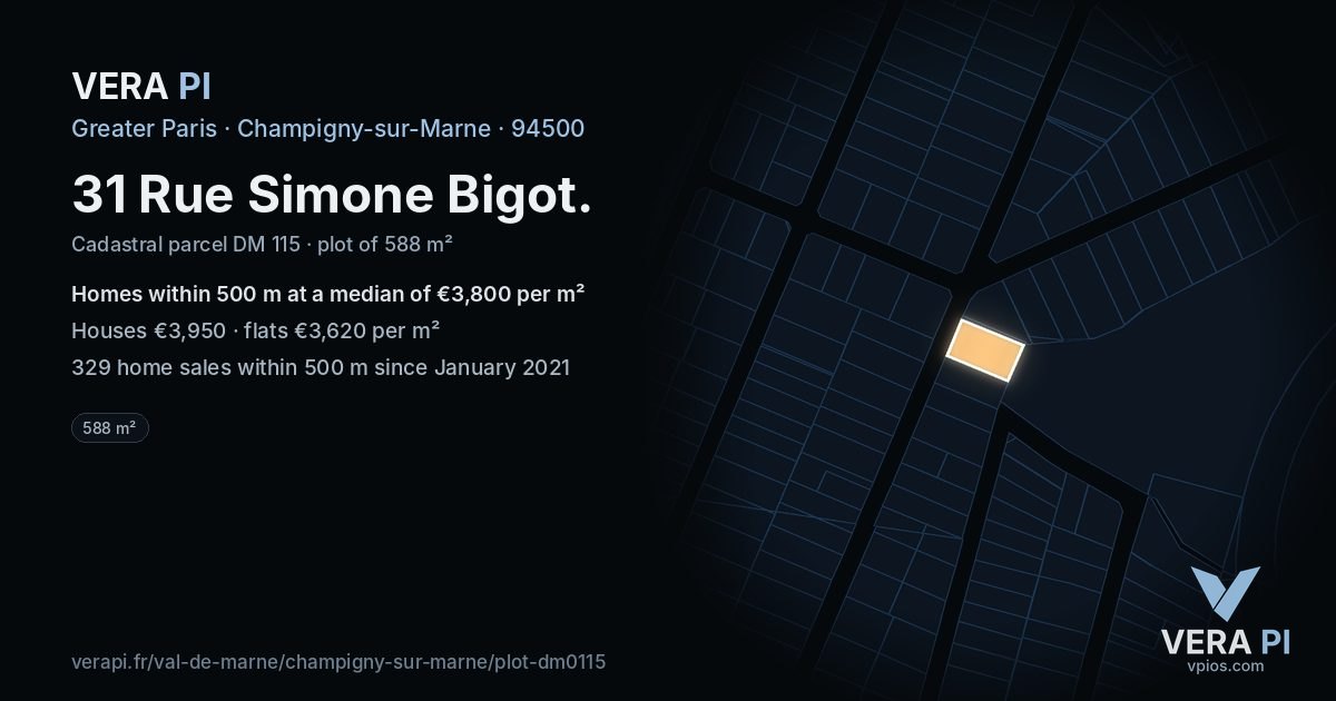 31 Rue Simone Bigot, Champigny-sur-Marne at night – the plot lit, the parcels around coloured by the prices near them