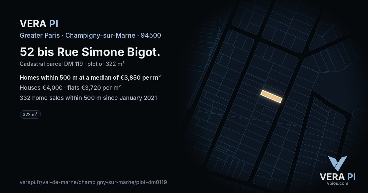 52 bis Rue Simone Bigot, Champigny-sur-Marne at night – the plot lit, the parcels around coloured by the prices near them