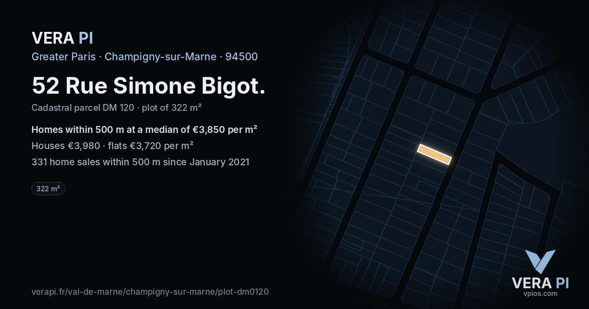 52 Rue Simone Bigot, Champigny-sur-Marne at night – the plot lit, the parcels around coloured by the prices near them