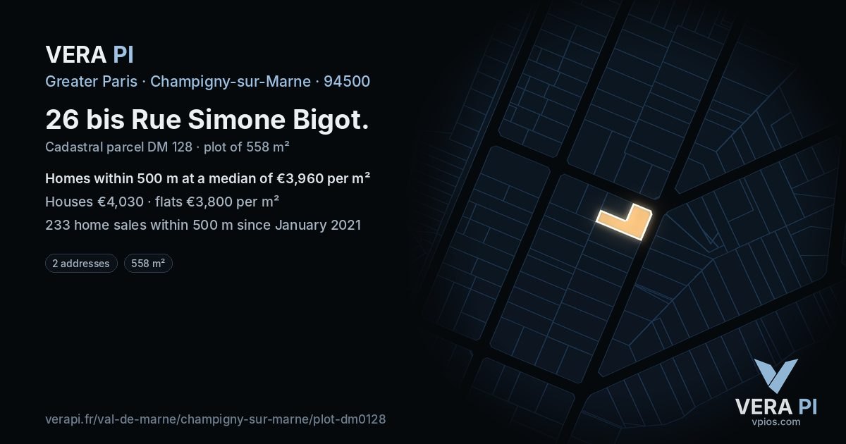 26 bis Rue Simone Bigot, Champigny-sur-Marne at night – the plot lit, the parcels around coloured by the prices near them