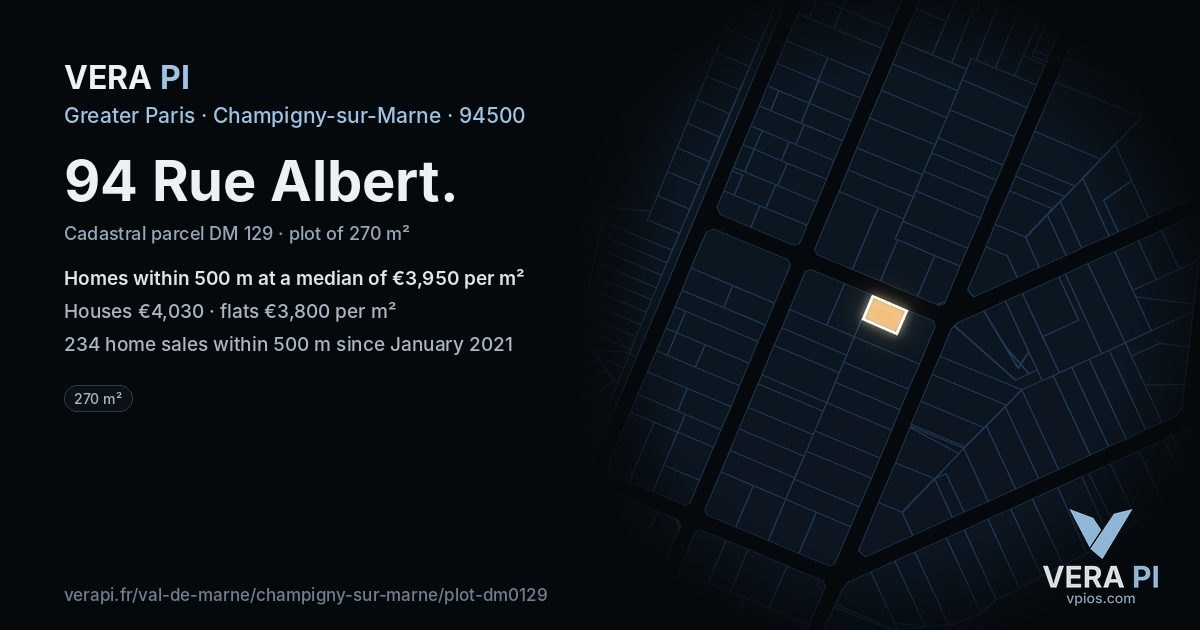 94 Rue Albert, Champigny-sur-Marne at night – the plot lit, the parcels around coloured by the prices near them