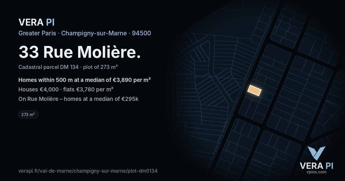 33 Rue Molière, Champigny-sur-Marne at night – the plot lit, the parcels around coloured by the prices near them