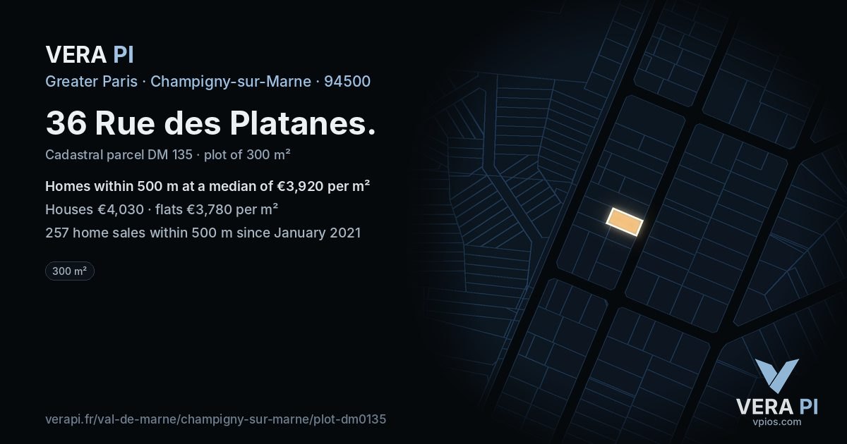 36 Rue des Platanes, Champigny-sur-Marne at night – the plot lit, the parcels around coloured by the prices near them