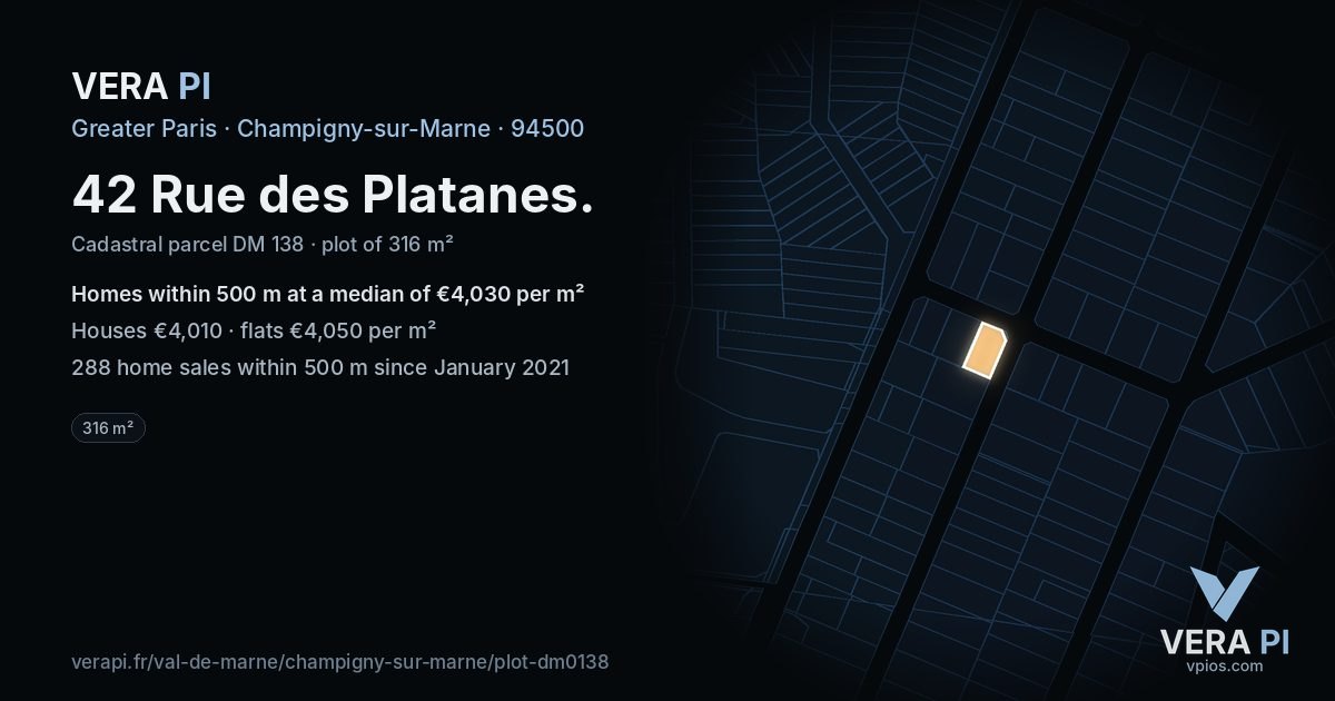 42 Rue des Platanes, Champigny-sur-Marne at night – the plot lit, the parcels around coloured by the prices near them
