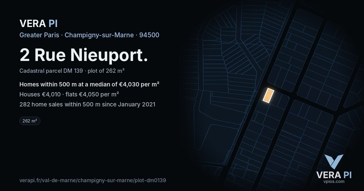 2 Rue Nieuport, Champigny-sur-Marne at night – the plot lit, the parcels around coloured by the prices near them