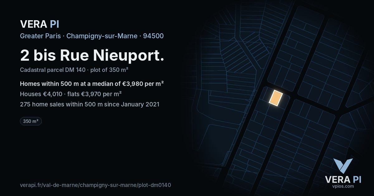 2 bis Rue Nieuport, Champigny-sur-Marne at night – the plot lit, the parcels around coloured by the prices near them