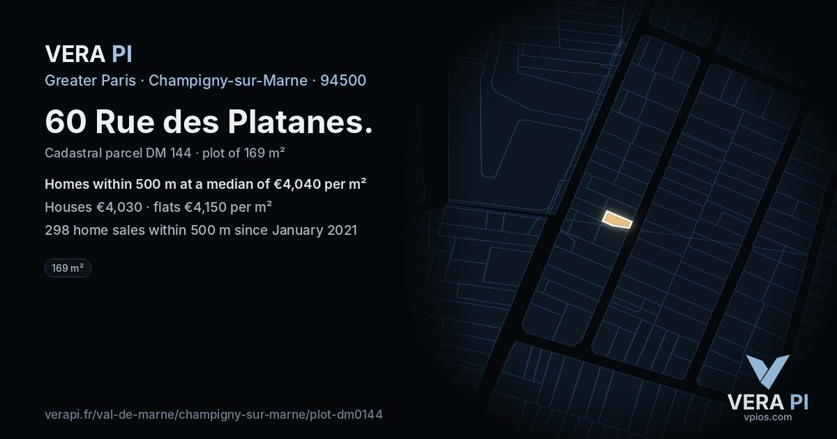 60 Rue des Platanes, Champigny-sur-Marne at night – the plot lit, the parcels around coloured by the prices near them