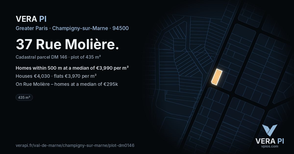 37 Rue Molière, Champigny-sur-Marne at night – the plot lit, the parcels around coloured by the prices near them