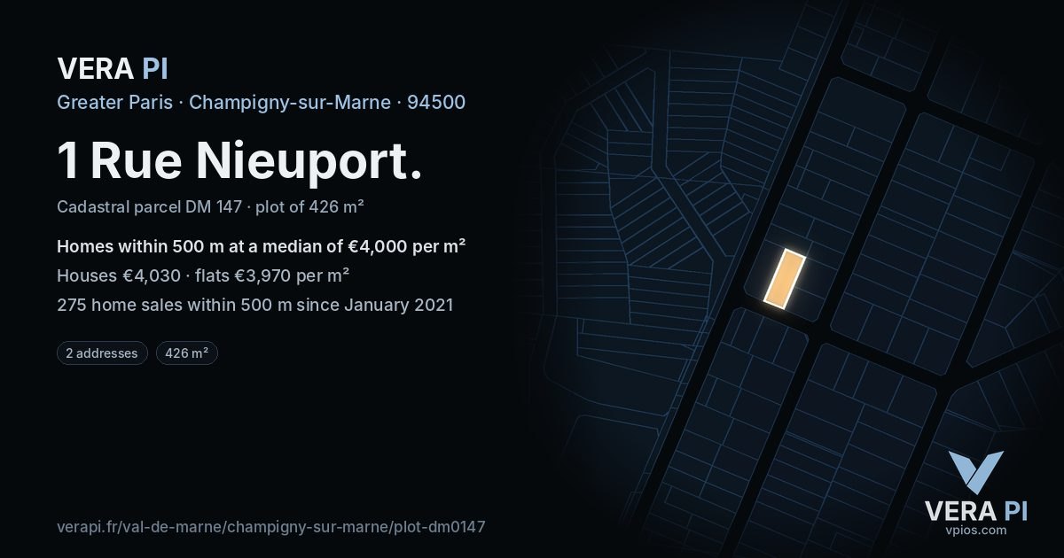 1 Rue Nieuport, Champigny-sur-Marne at night – the plot lit, the parcels around coloured by the prices near them