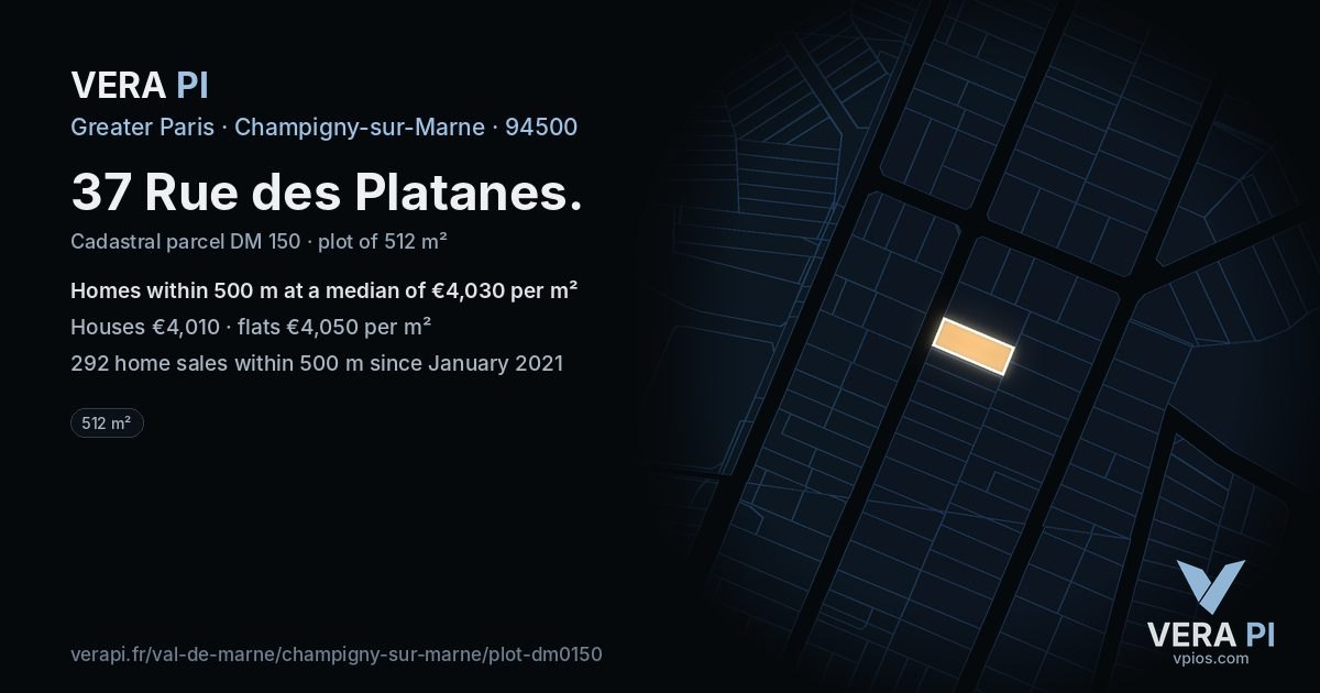 37 Rue des Platanes, Champigny-sur-Marne at night – the plot lit, the parcels around coloured by the prices near them