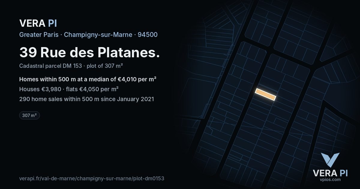 39 Rue des Platanes, Champigny-sur-Marne at night – the plot lit, the parcels around coloured by the prices near them