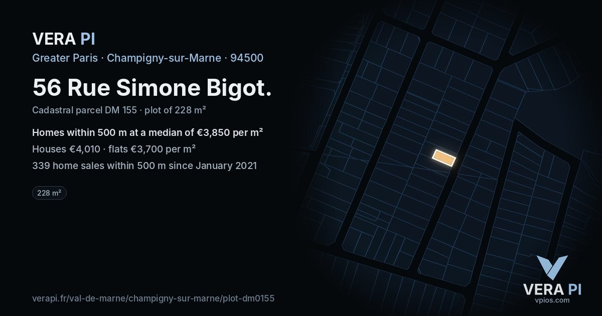56 Rue Simone Bigot, Champigny-sur-Marne at night – the plot lit, the parcels around coloured by the prices near them
